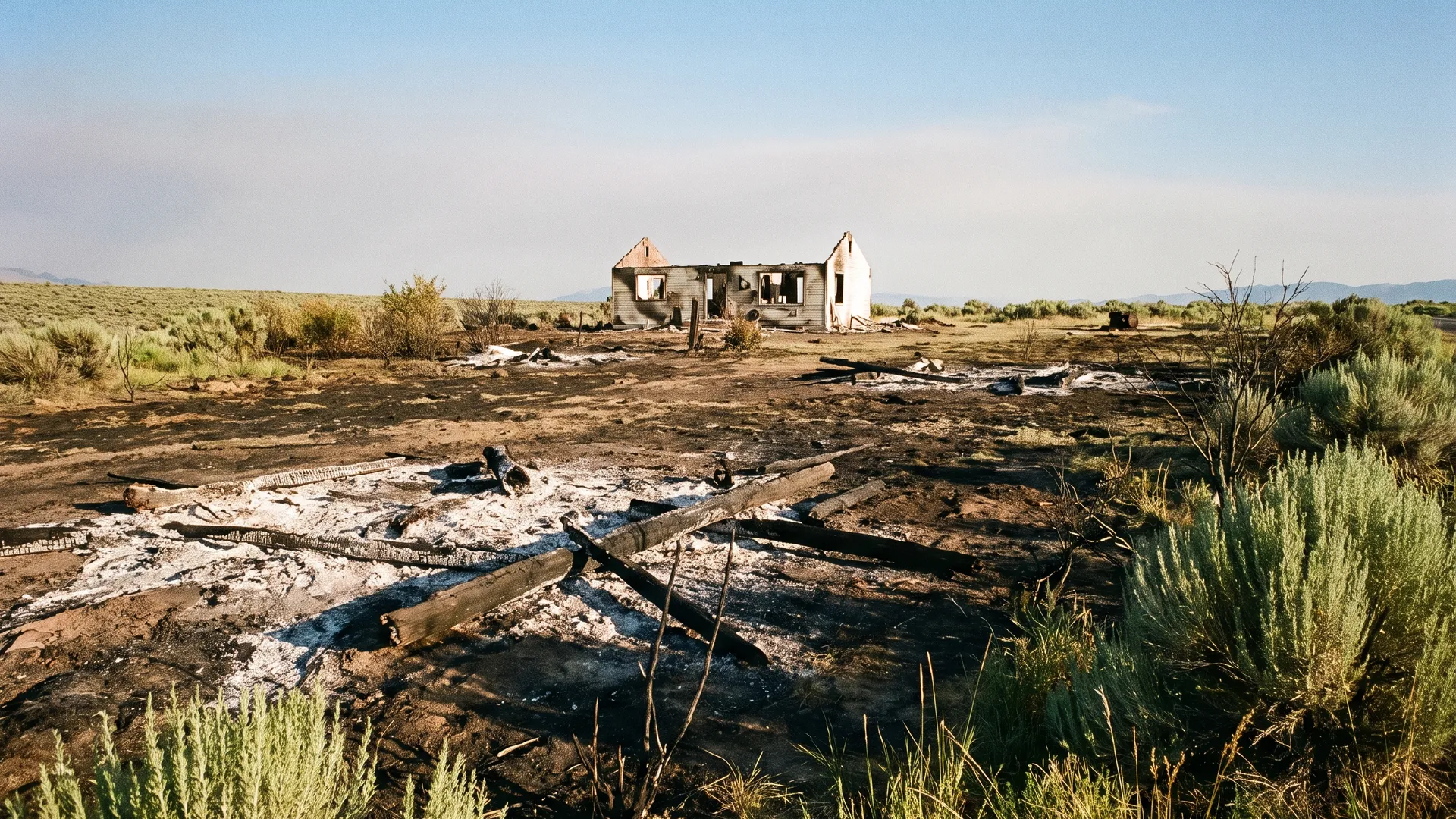 Scorched landscape in Utah after a wildfire, with a lone gutted home frame standing in the ash