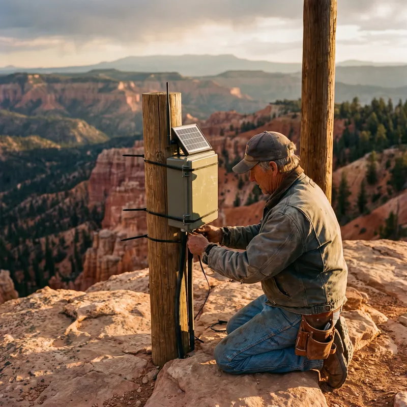 A person mounting a weatherproof solar sensor node to a wooden post on a Utah ridgeline