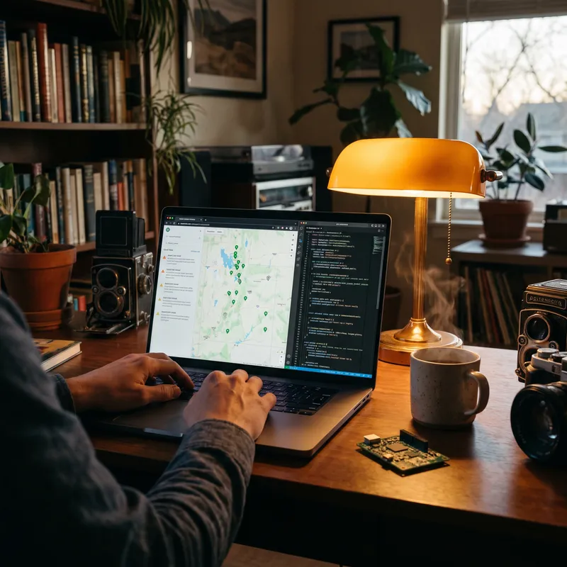 A developer at a desk at dusk, coding the sensor network dashboard