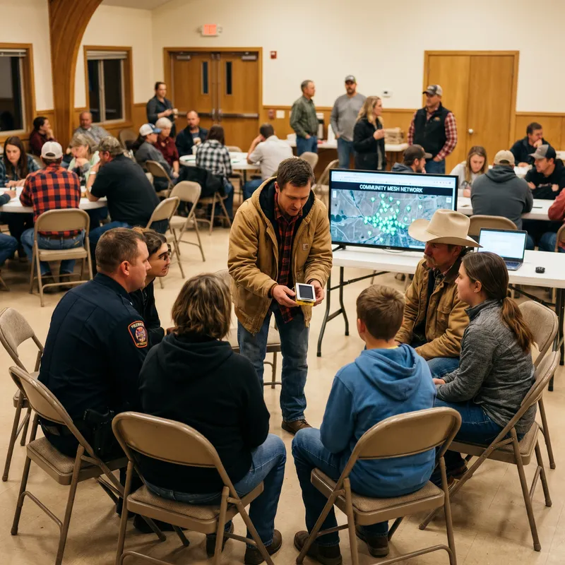 A volunteer demonstrating a sensor node to neighbors at a community demo night