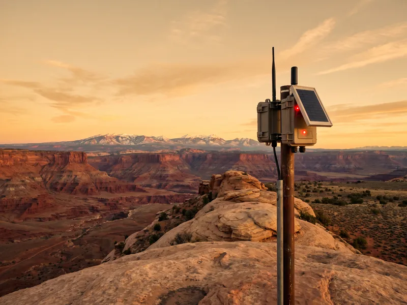 A solar-powered mesh sensor on a ridge in Utah canyon country at golden hour