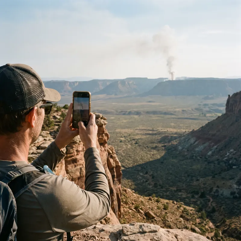 A hiker on a canyon viewpoint holding a phone toward a distant smoke plume
