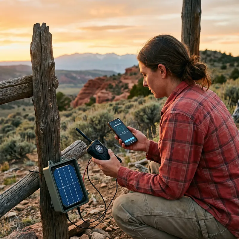A person pairing a compact solar-powered mesh sensor node with a smartphone on a Utah ridge