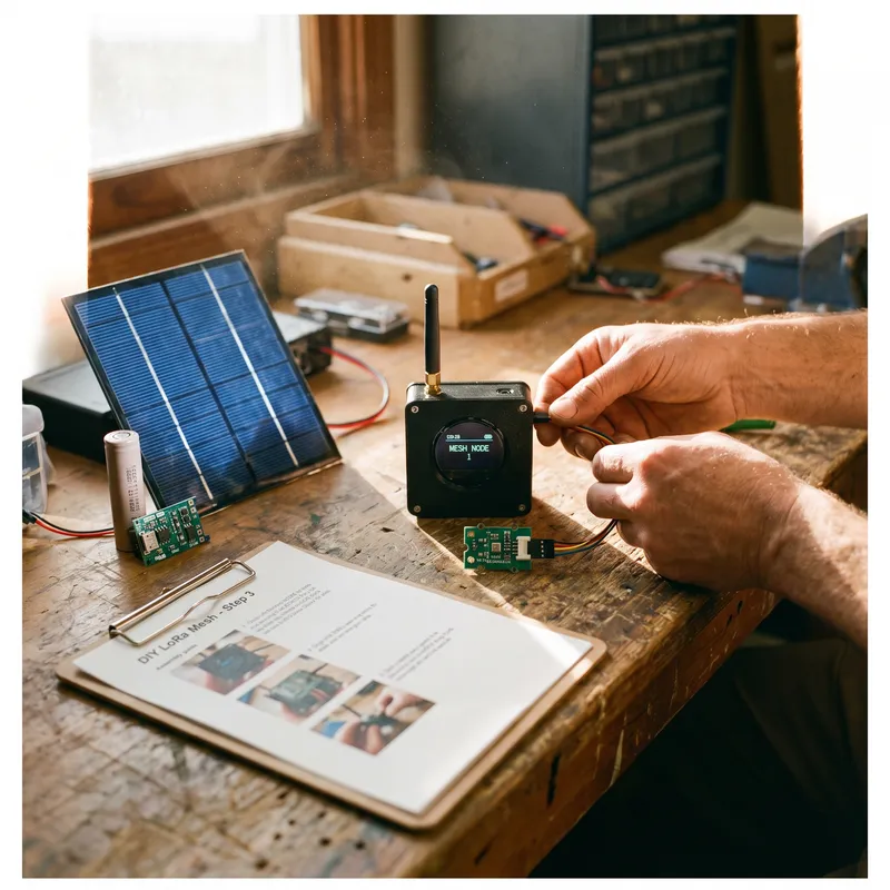A workbench with a LoRa radio, gas sensor, solar panel, and battery being assembled into a sensor node