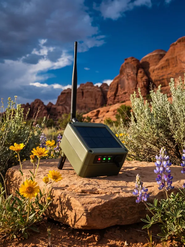 Weatherproofed solar-powered environmental sensor unit on Utah high desert stone