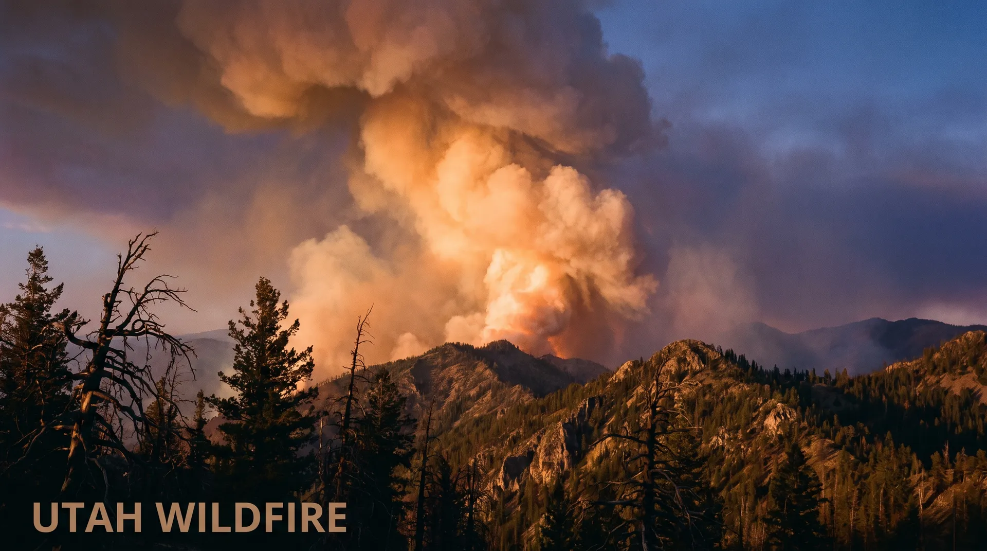 Wildfire smoke column rising over Utah's mountain forest at dusk